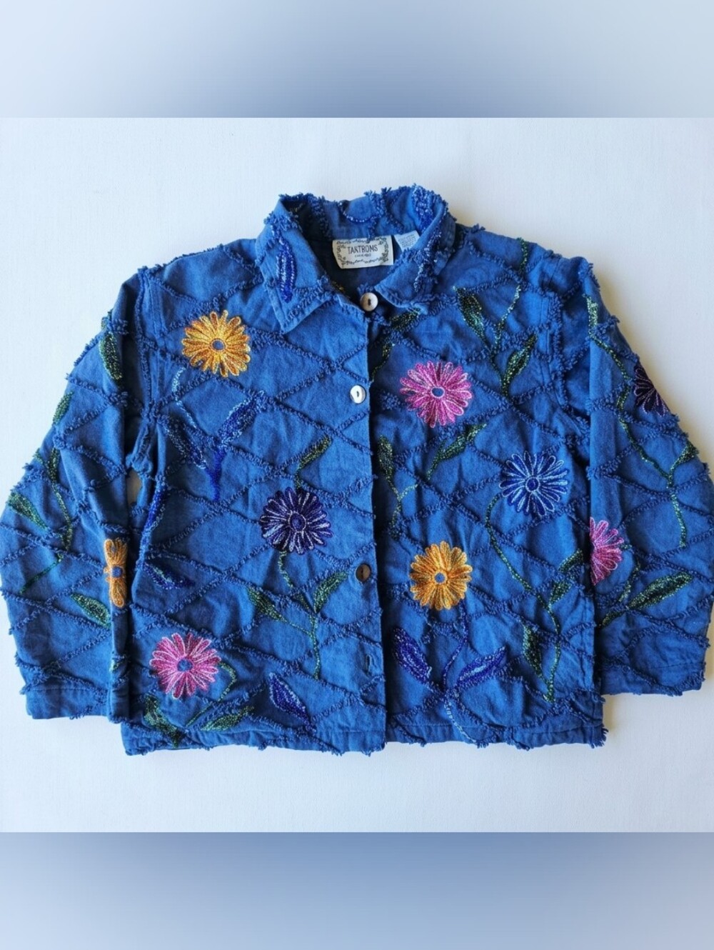 Tantrums Vintage Floral Embroidered Denim Blue Shirt Jacket